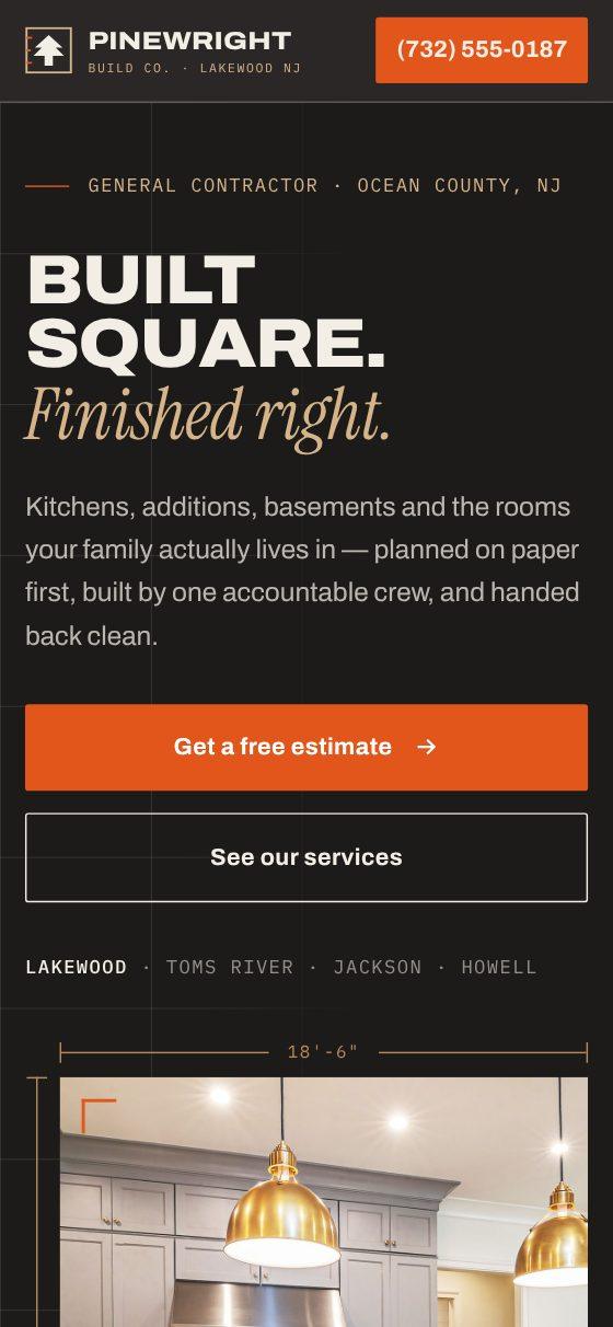 Concept homepage for a home renovation contractor on a phone