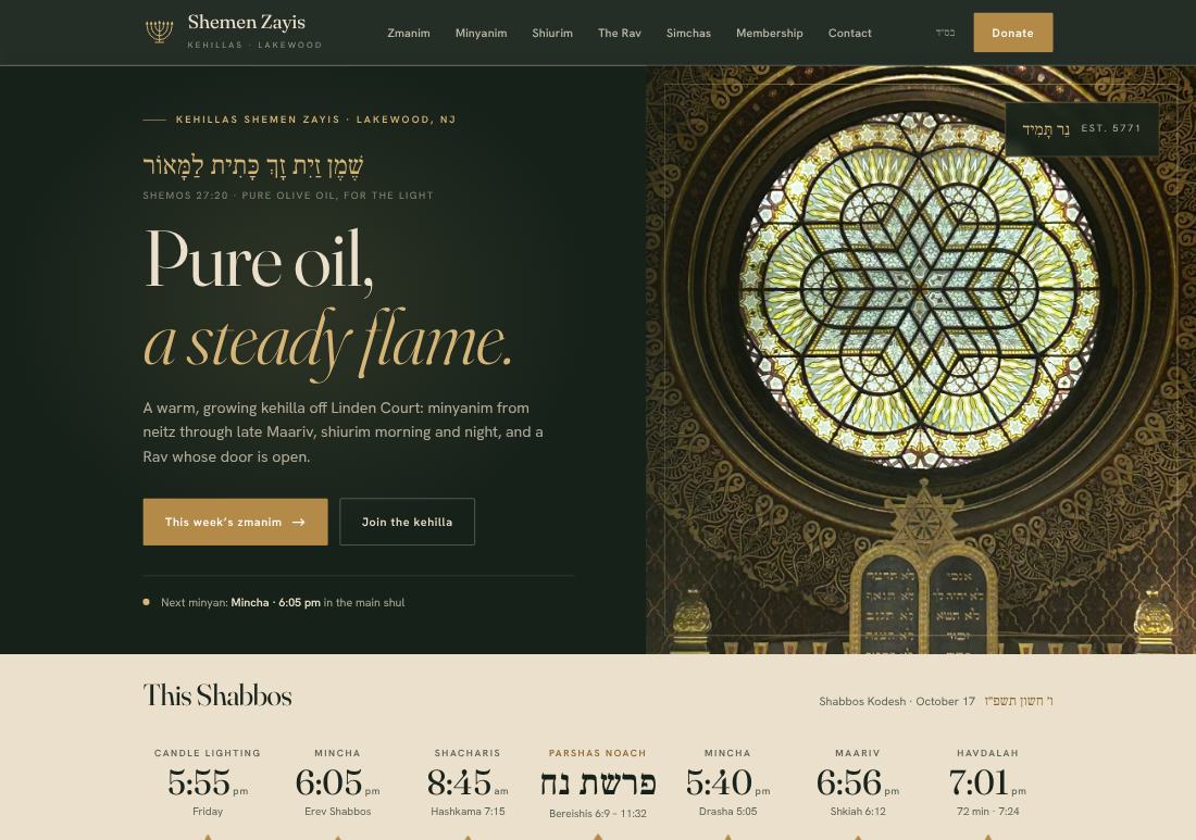 Concept homepage for a shul with a stained-glass window and this Shabbos’s zmanim